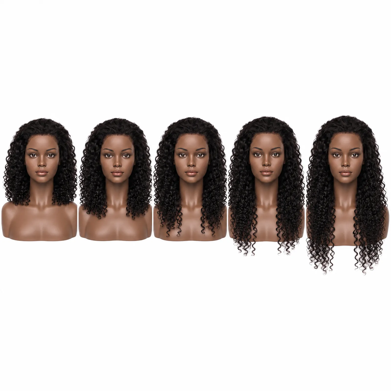 Wig length chart, curly hair (measured stretched)