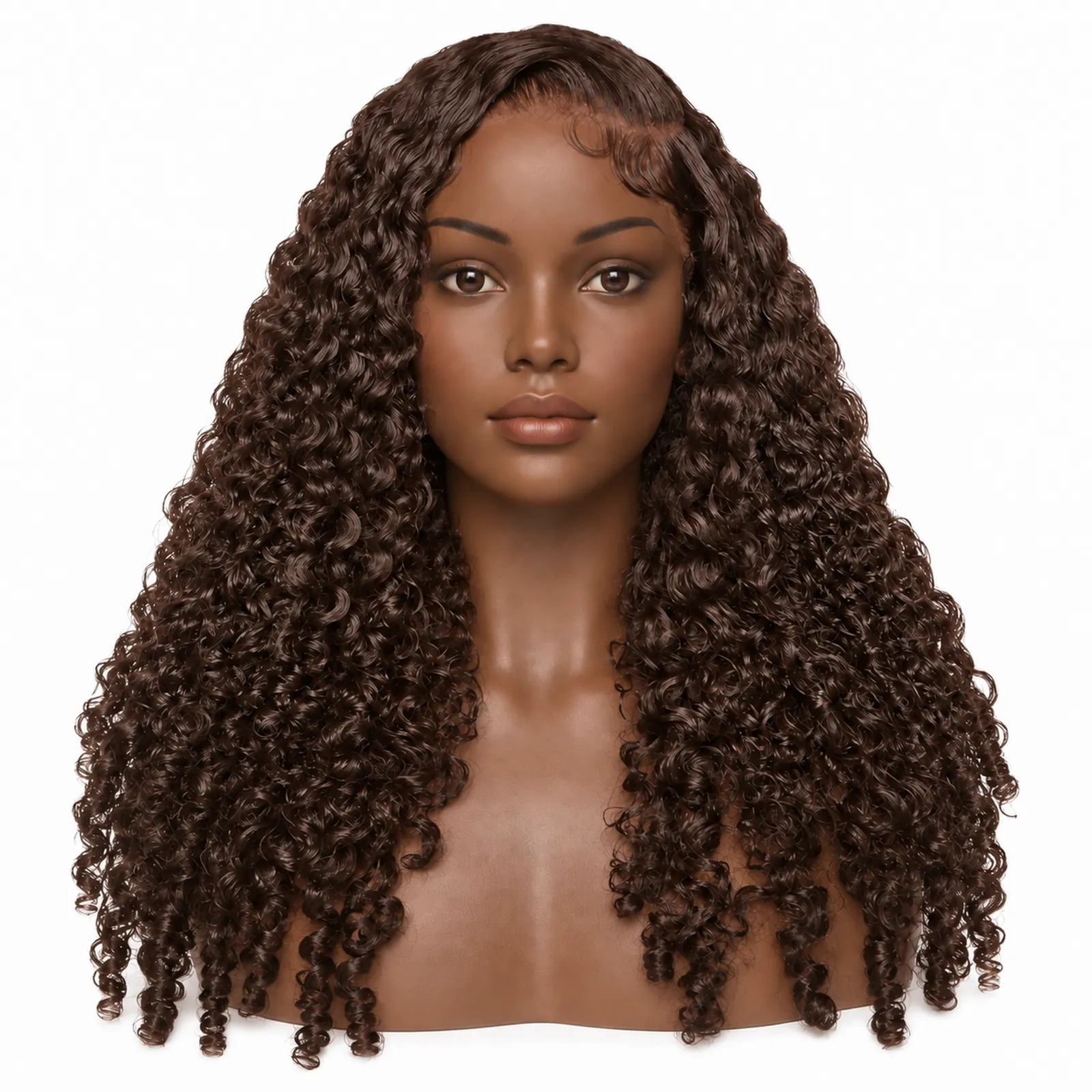#4 Chocolate Brown Burmese Curly Lace Front Wig – front view