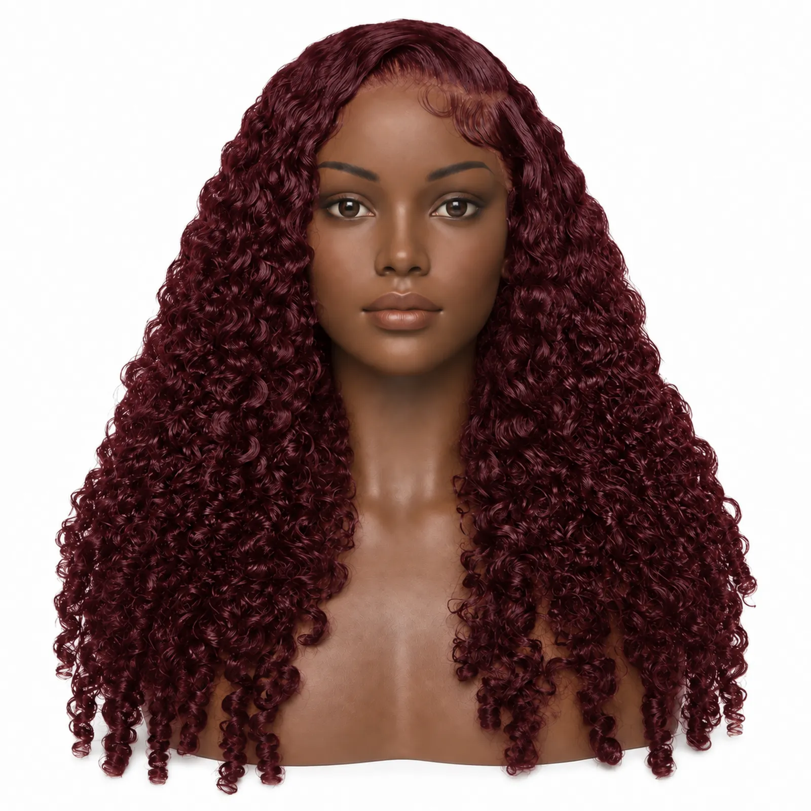 99J Wine Burmese Curly Lace Front Wig – front view