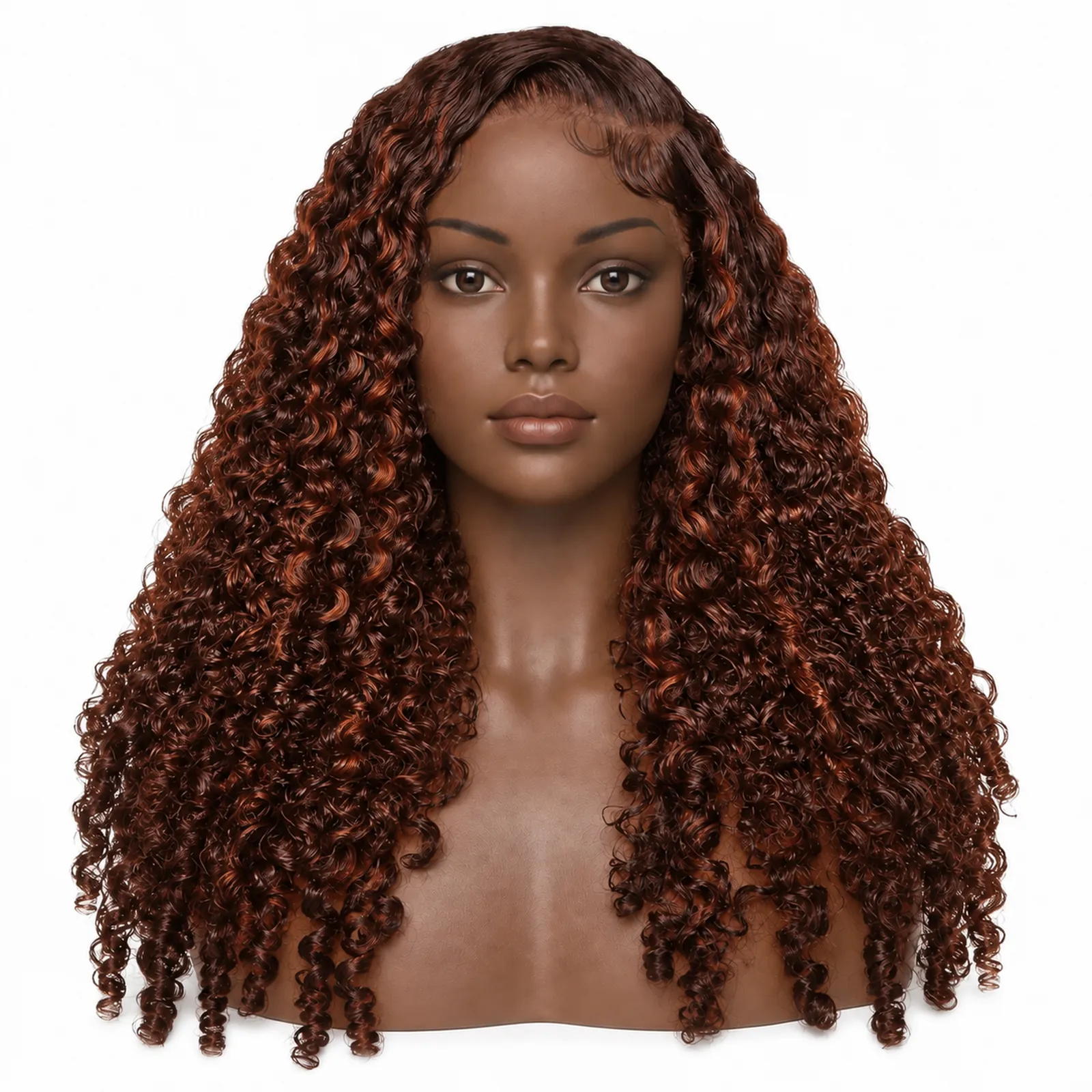 M4/350 Copper Highlight Burmese Curly Lace Front Wig – front view