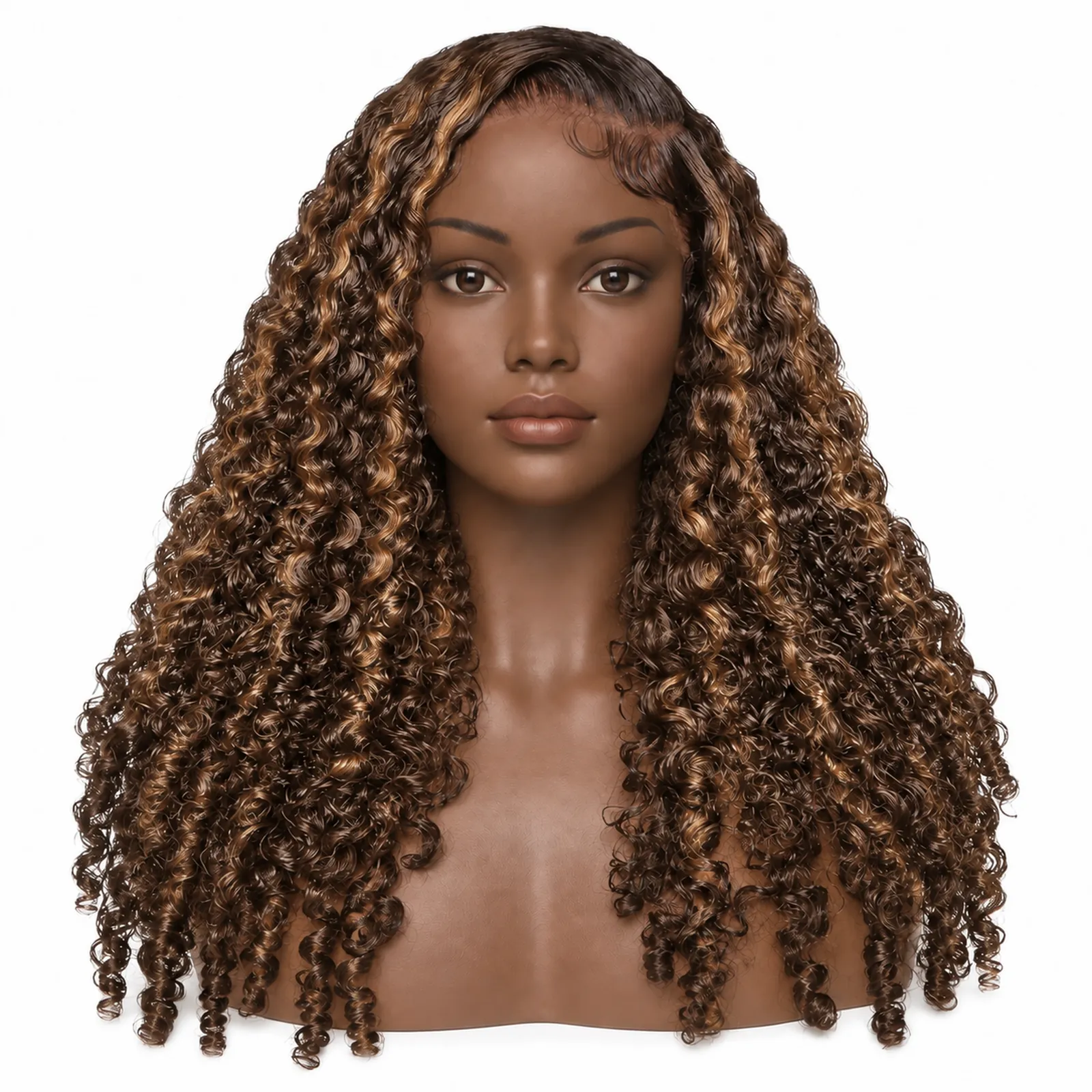 P4/27 Piano Highlight Burmese Curly Lace Front Wig – front view