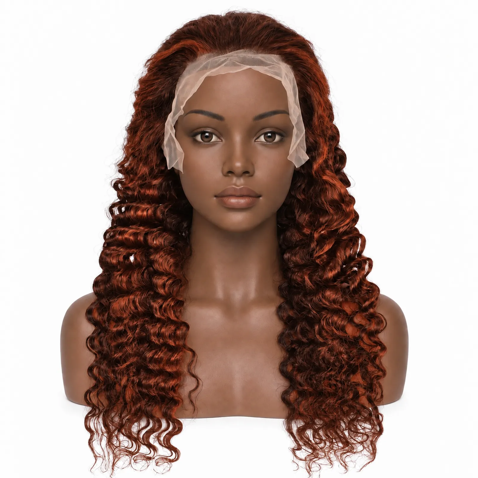 M4/350 Copper Highlight Deep Wave Lace Front Wig – front view