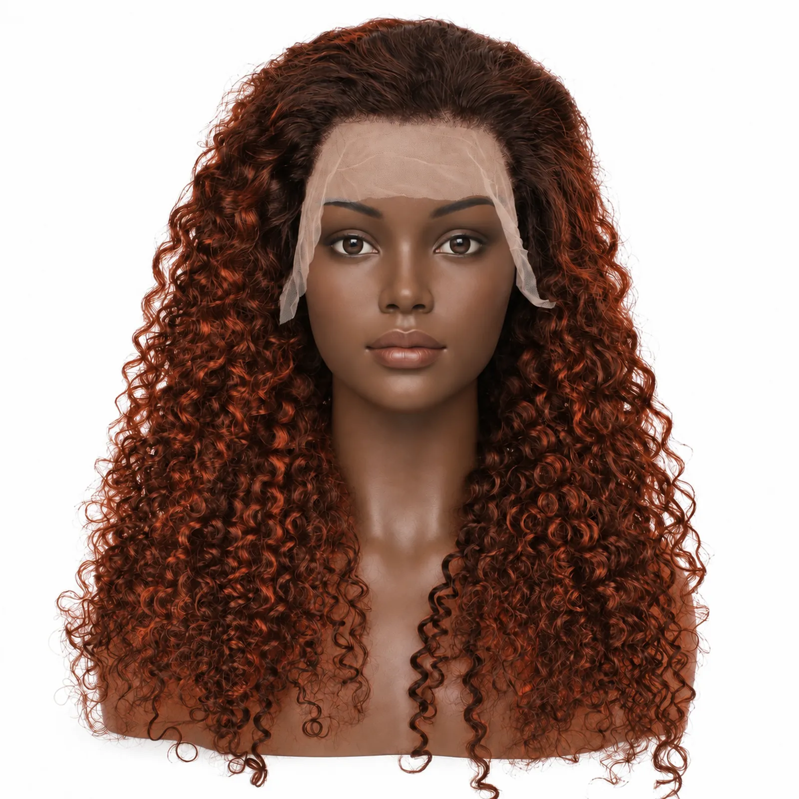 M4/350 Copper Highlight Jerry Curl Lace Front Wig – front view